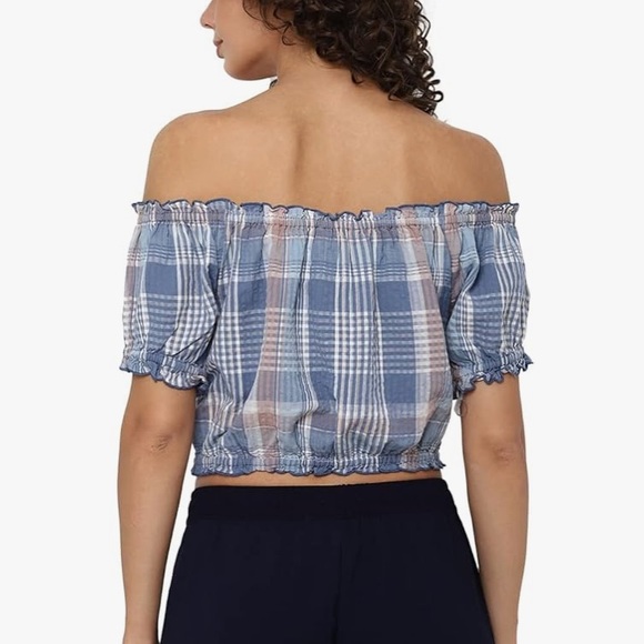 AEO 🦅 Off Shoulder Plaid Puff Sleeve Crop Top - Picture 6 of 15
